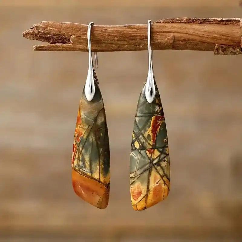 Crystal Destiny Geometric Picture Jasper earrings with earthy patterns, silver hooks, for grounding and stability.