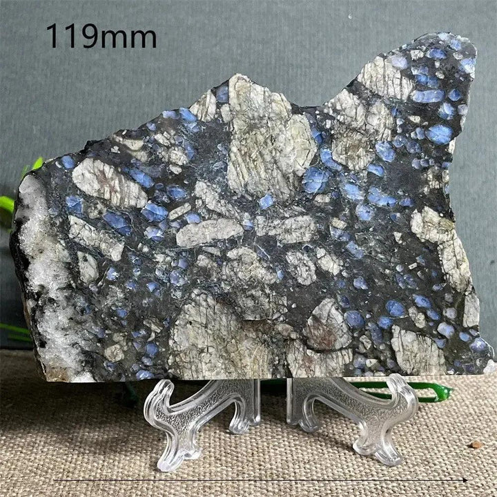 Polished Glaucophane slab from Crystal Destiny, featuring deep blue-gray tones and natural texture on a clear stand.