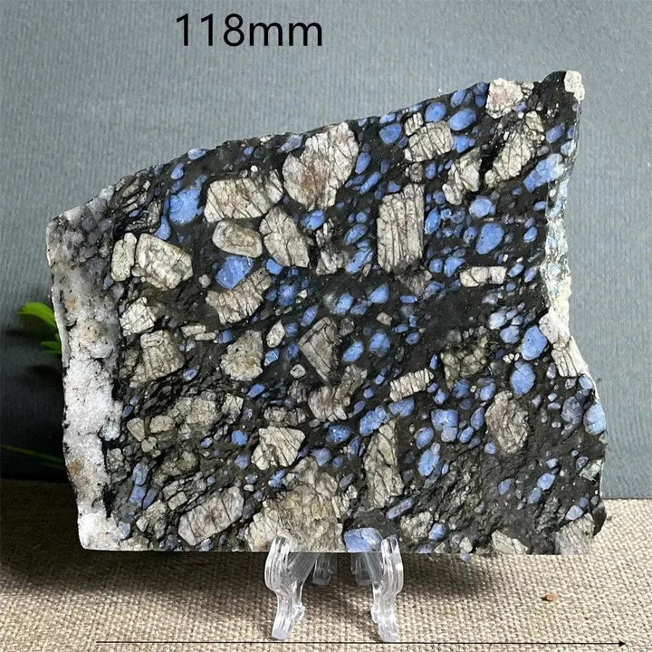 Glaucophane slab from Crystal Destiny, featuring deep blue-gray and white tones, polished on a clear display stand.