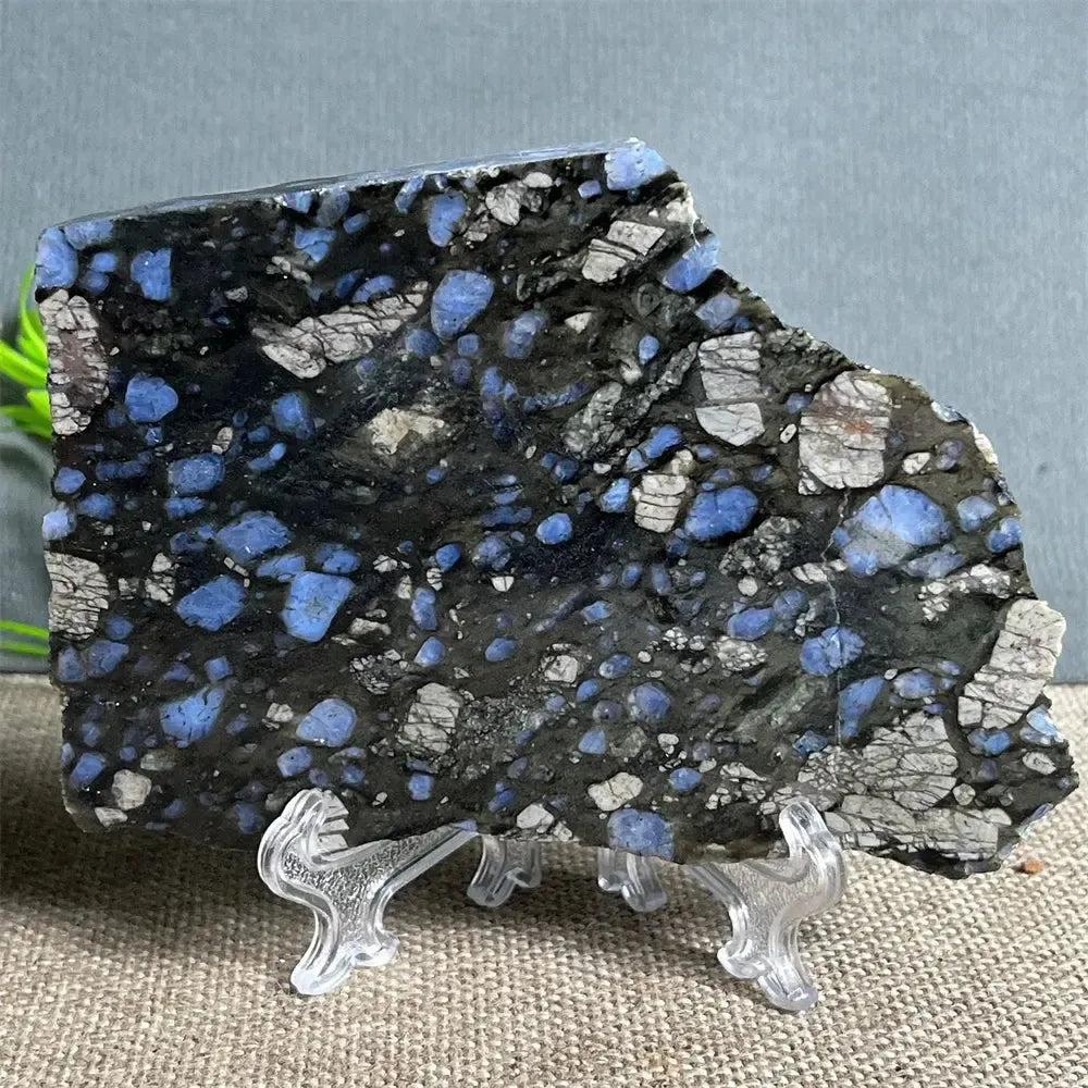 Polished Glaucophane slab from Crystal Destiny, featuring deep blue-gray and white specks on a dark matrix, on a stand.