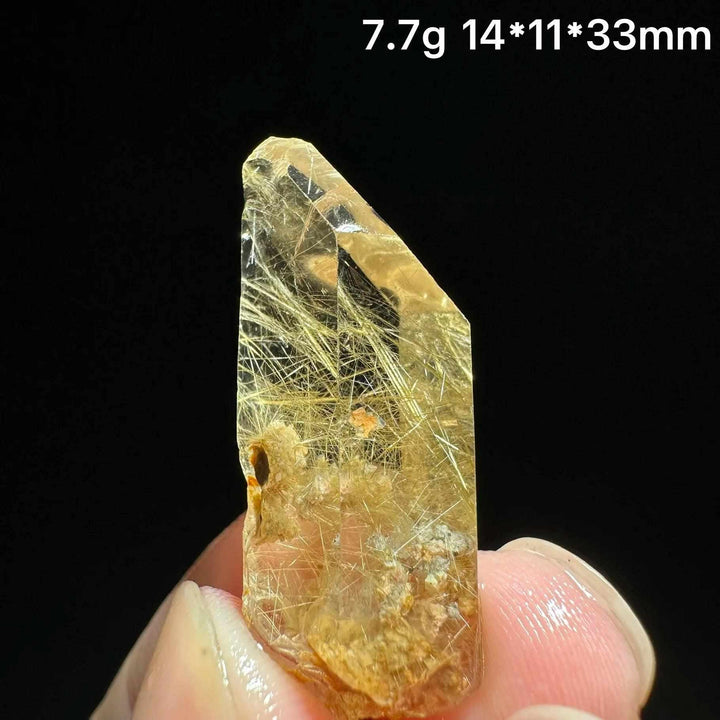 Gold rutilated quartz and specular hematite crystal specimen with golden needles, 7.7g, for solar plexus and root chakras.