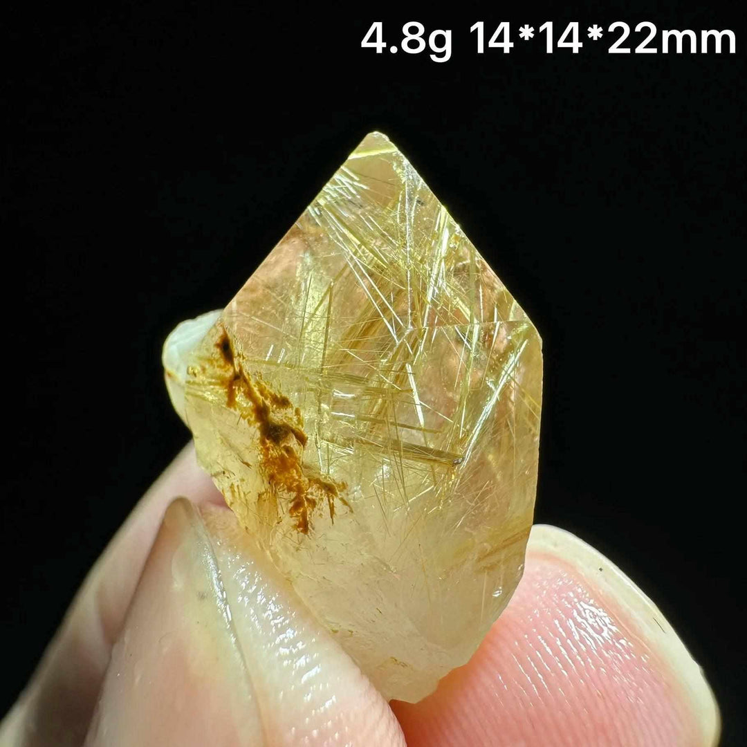 Gold rutilated quartz and specular hematite specimen with golden needles, 4.8g, 14x14x22mm, for solar plexus and root chakras.