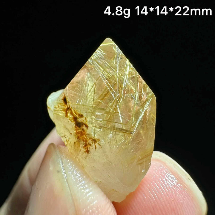 Gold rutilated quartz and specular hematite specimen with golden needles, 4.8g, 14x14x22mm, for solar plexus and root chakras.