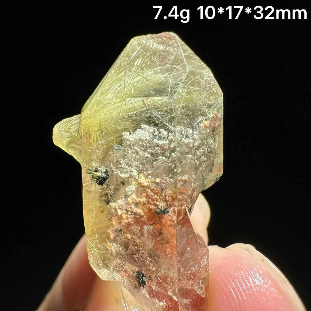 Gold rutilated quartz and specular hematite specimen with golden needles and metallic sheen for solar plexus healing.