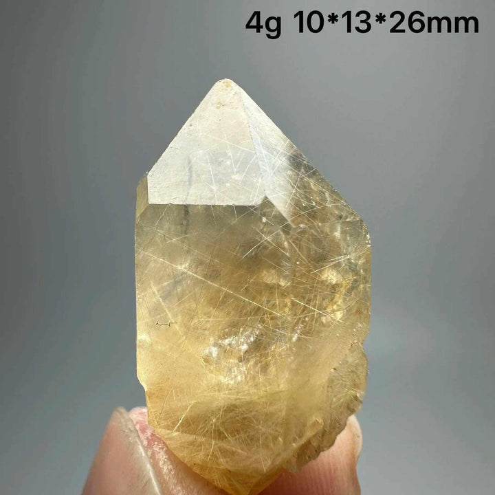 Gold rutilated quartz crystal point with golden needles and specular hematite, 4g specimen for solar plexus healing.