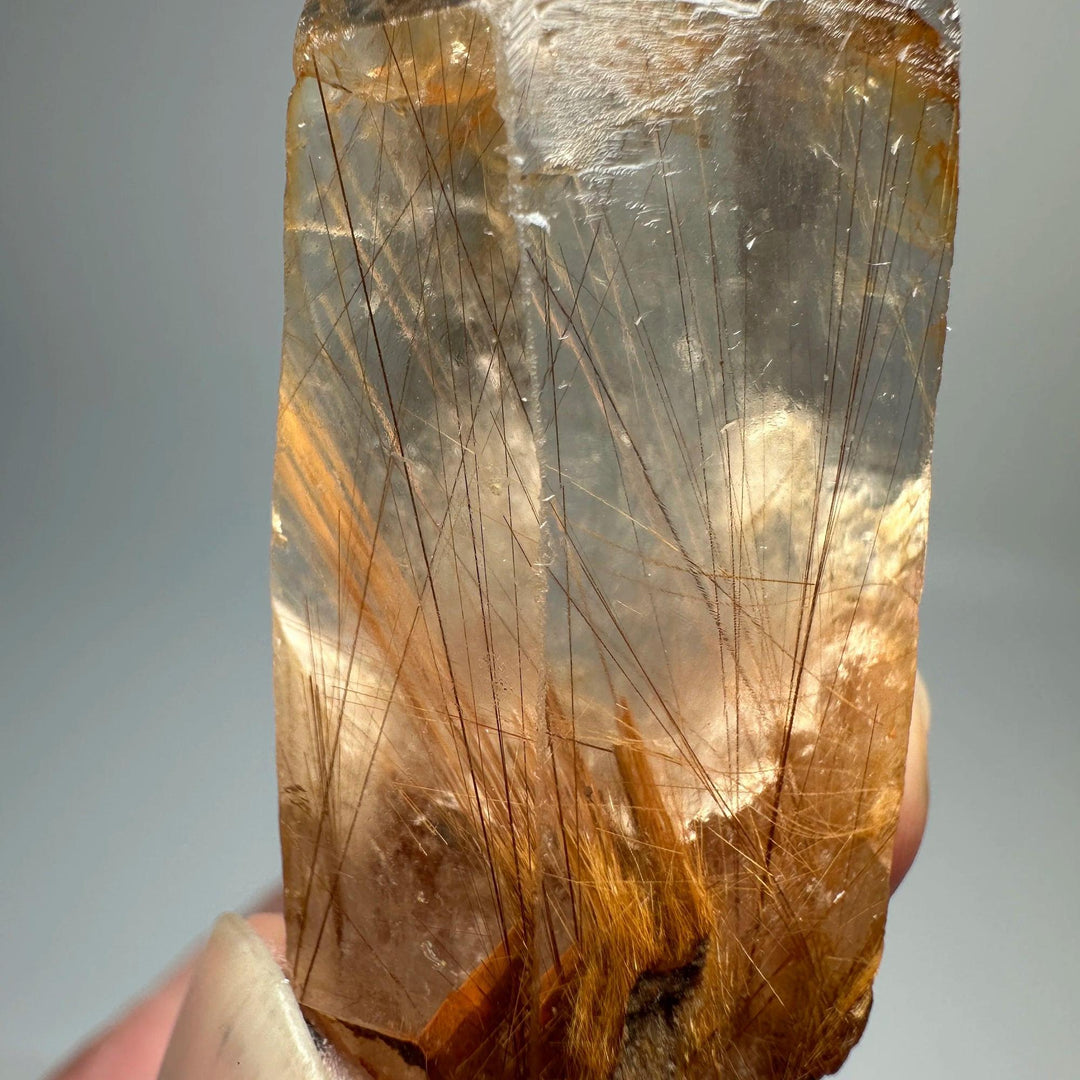 Natural Brazil Gold Rutilated Quartz crystal with fine hair-like inclusions and specular hematite.