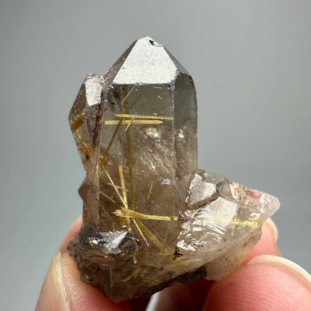 Natural Brazil Gold Rutilated Quartz crystal with golden rutile needles and specular hematite, held in fingers.