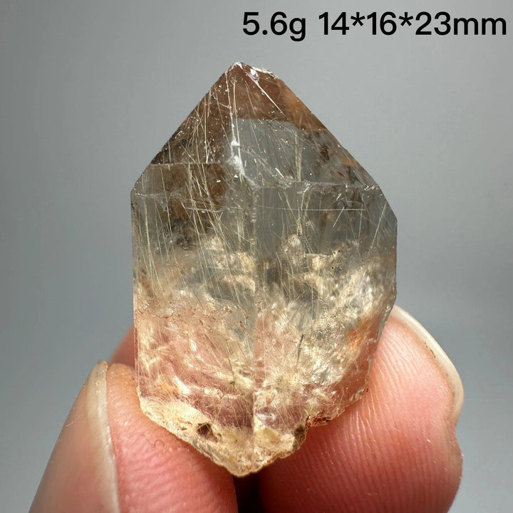 Natural Brazil Gold Rutilated Quartz crystal with hair-like inclusions, 5.6g, 14x16x23mm mineral specimen.