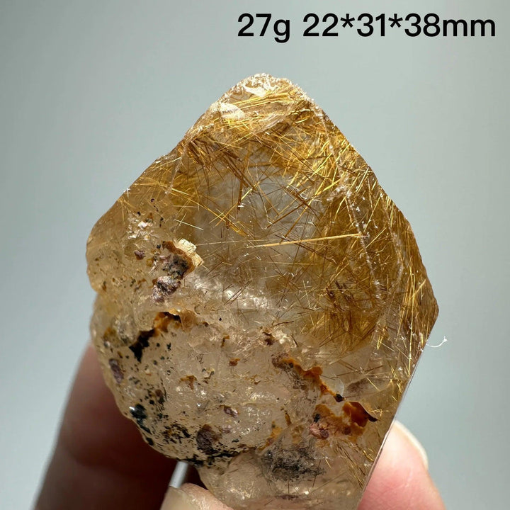 Natural Brazil Gold Rutilated Quartz crystal specimen with golden rutile needles and specular hematite, 27g.