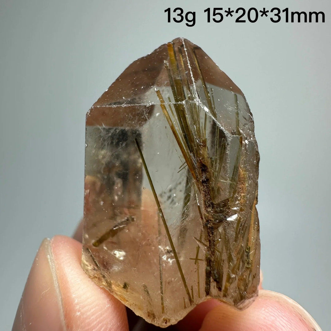 Natural Brazil Gold Rutilated Quartz crystal specimen with golden hair-like inclusions, 13g, 15x20x31mm.