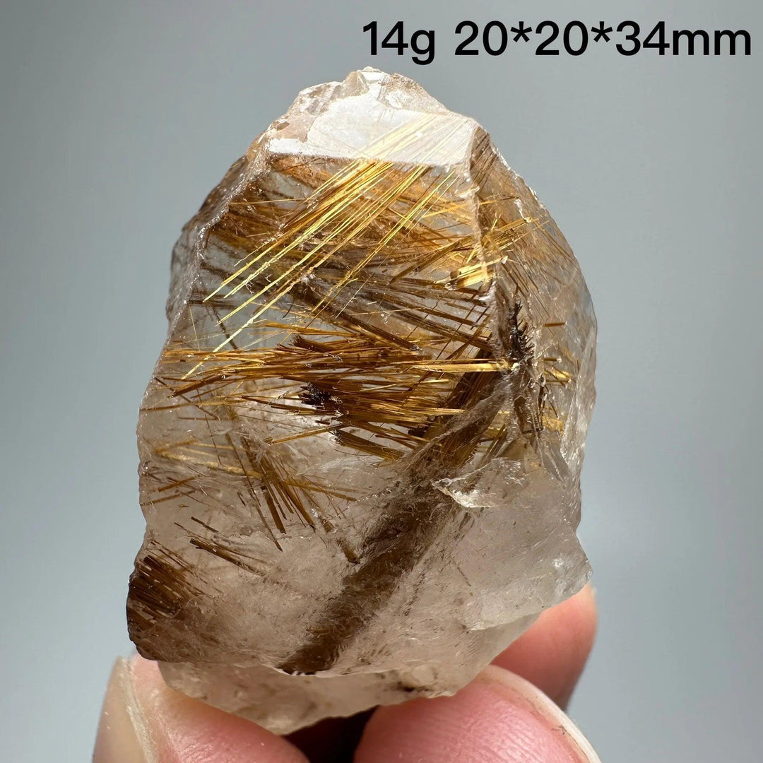Natural Brazil Gold Rutilated Quartz crystal specimen with golden rutile needles and specular hematite, 14g.