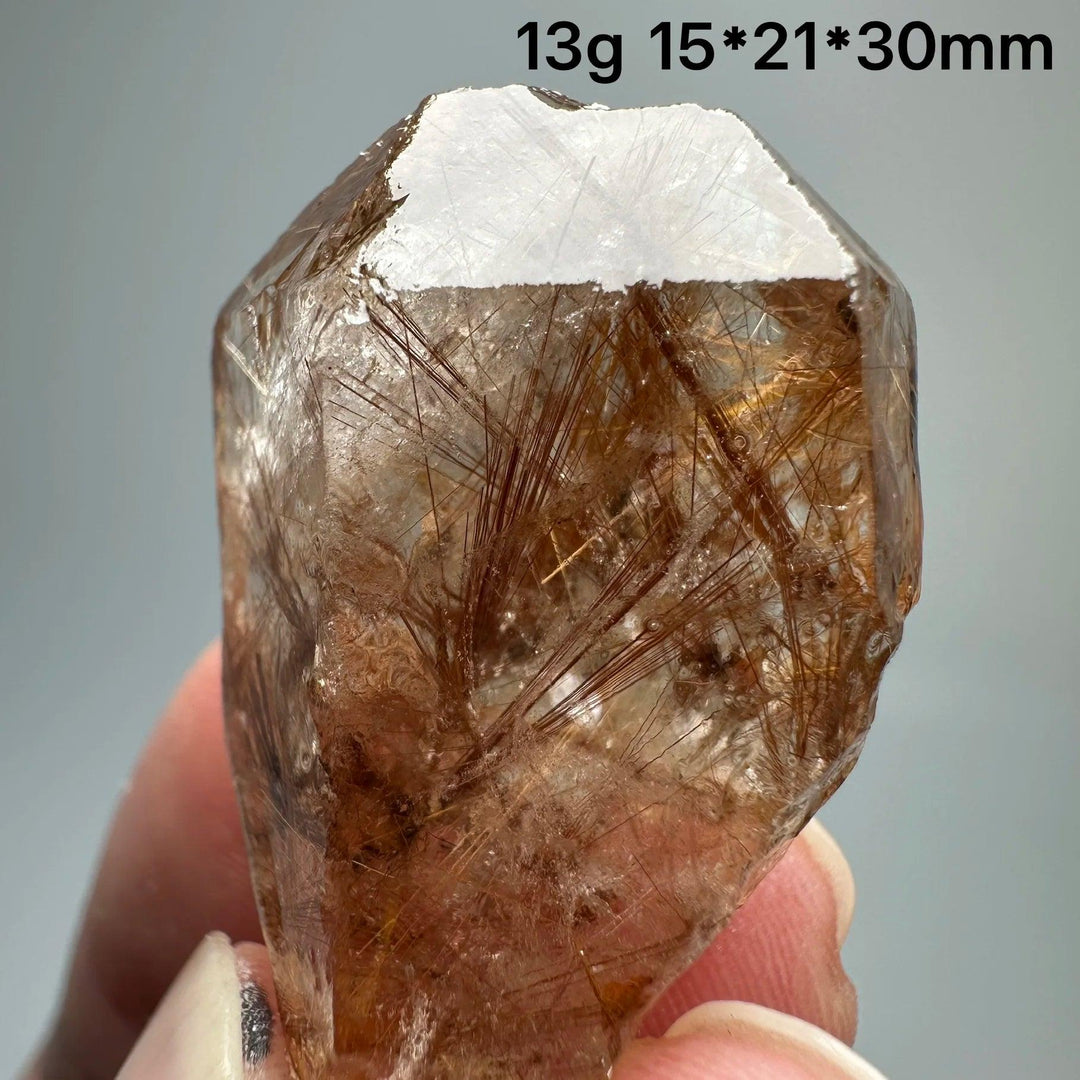 Natural Brazil Gold Rutilated Quartz crystal with fine hair-like inclusions, 13g, 15x21x30mm.