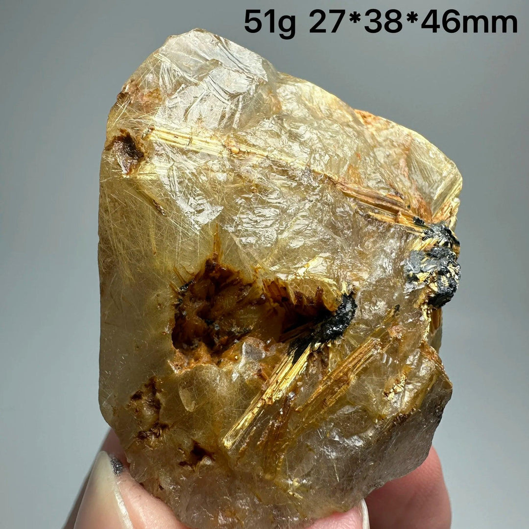 Natural Brazil Gold Rutilated Quartz crystal with golden needles and dark hematite inclusions, 51g.