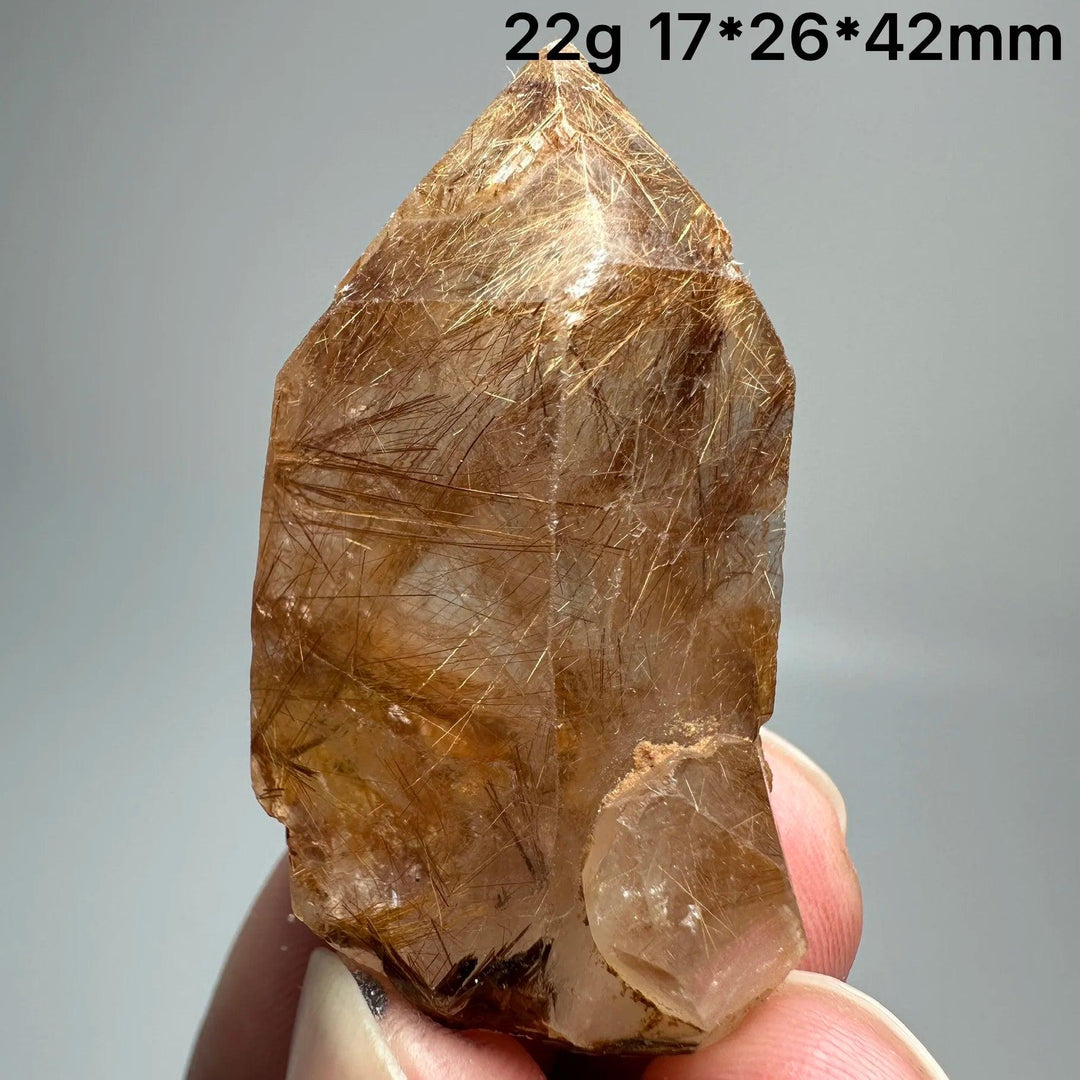 Natural Brazil Gold Rutilated Quartz crystal with fine golden rutile needles, 22g, 17*26*42mm.