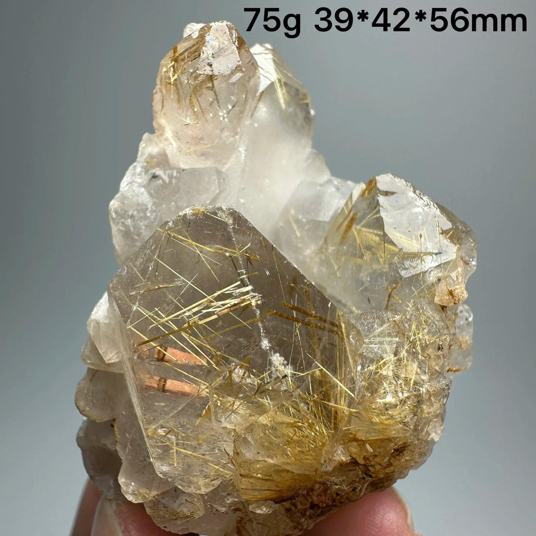 Natural Brazil Gold Rutilated Quartz crystal with golden hair-like inclusions and specular hematite, 75g.