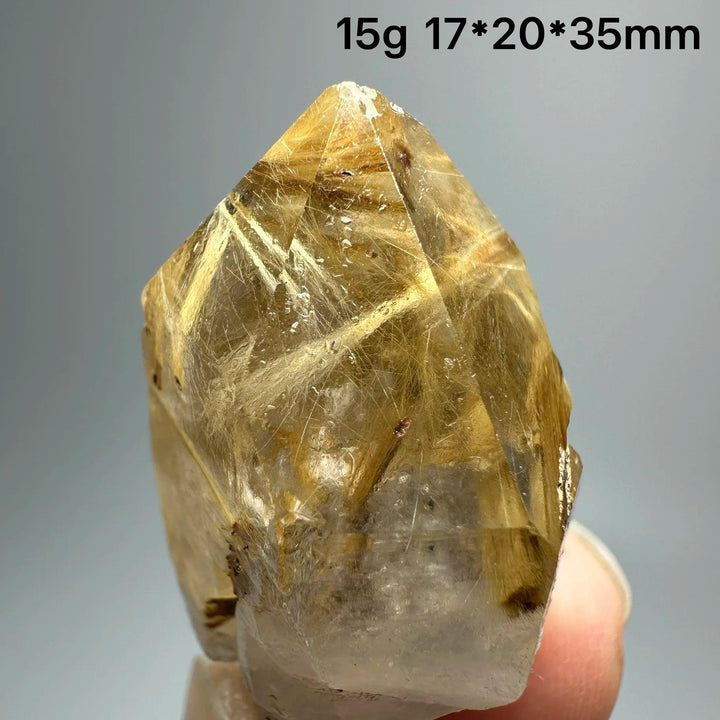 Natural Brazil Gold Rutilated Quartz crystal with hair-like inclusions and specular hematite, 15g, 17*20*35mm.