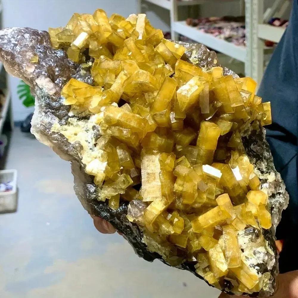 Radiant Golden Barite Crystal Cluster with warm honey-gold blades for abundance, grounding, and spiritual insight.