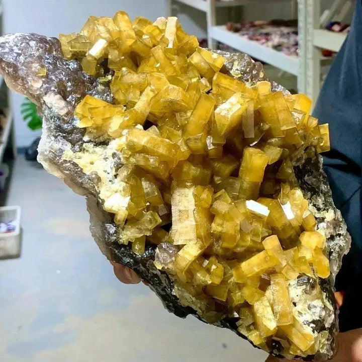 Radiant Golden Barite Crystal Cluster with warm honey-gold blades for abundance, grounding, and spiritual insight.