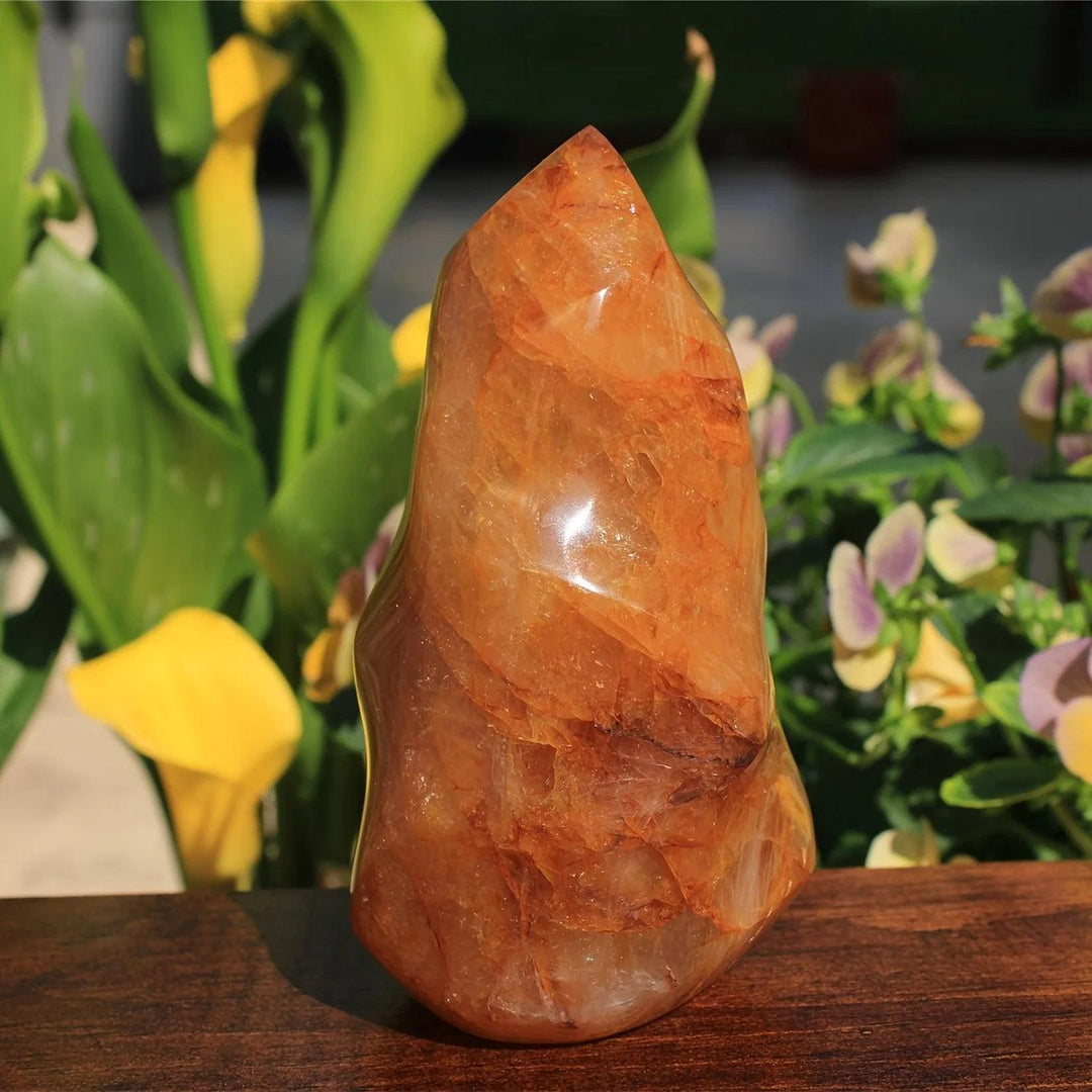 Golden Healer Quartz Crystal Carved Flame: Warm amber-gold crystal flame, radiating expansive energy.