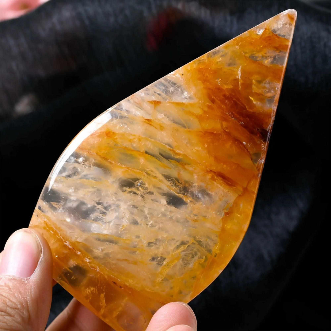 Polished Golden Healer Quartz teardrop freeform with warm, glowing yellow inclusions for solar plexus chakra energy.