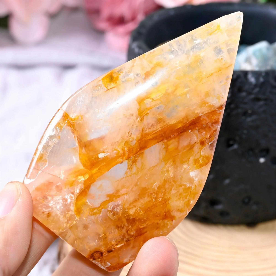 Polished Golden Healer Quartz teardrop freeform with warm, glowing yellow tones and uplifting energy for your altar.