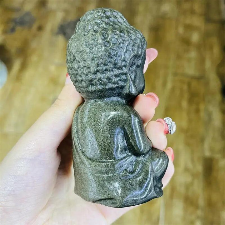 Golden Obsidian Crystal Carved Seated Buddha Statue, 43mm, with warm golden shimmer for grounding and protection.