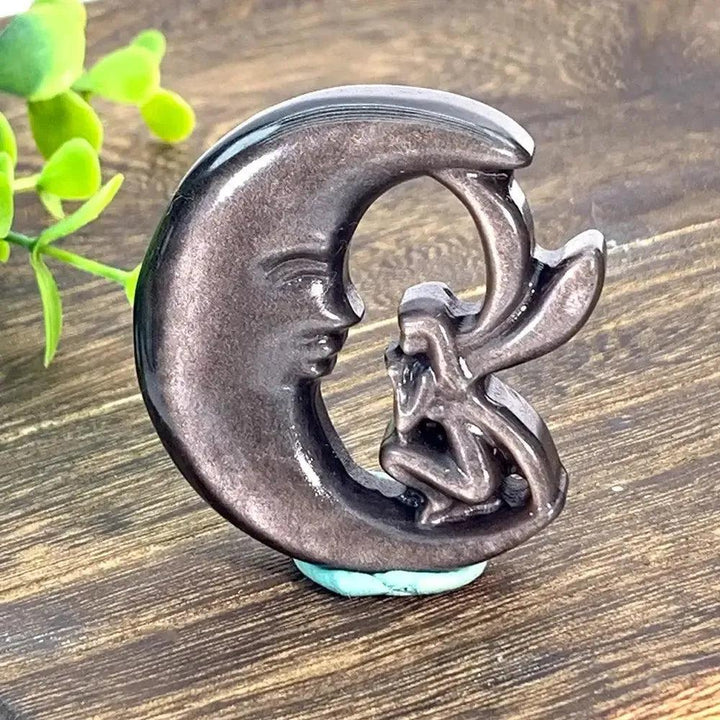 Golden Obsidian Moon & Fairy Crystal Carving