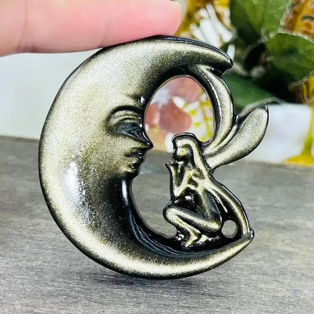 Golden Obsidian Moon & Fairy Crystal Carving