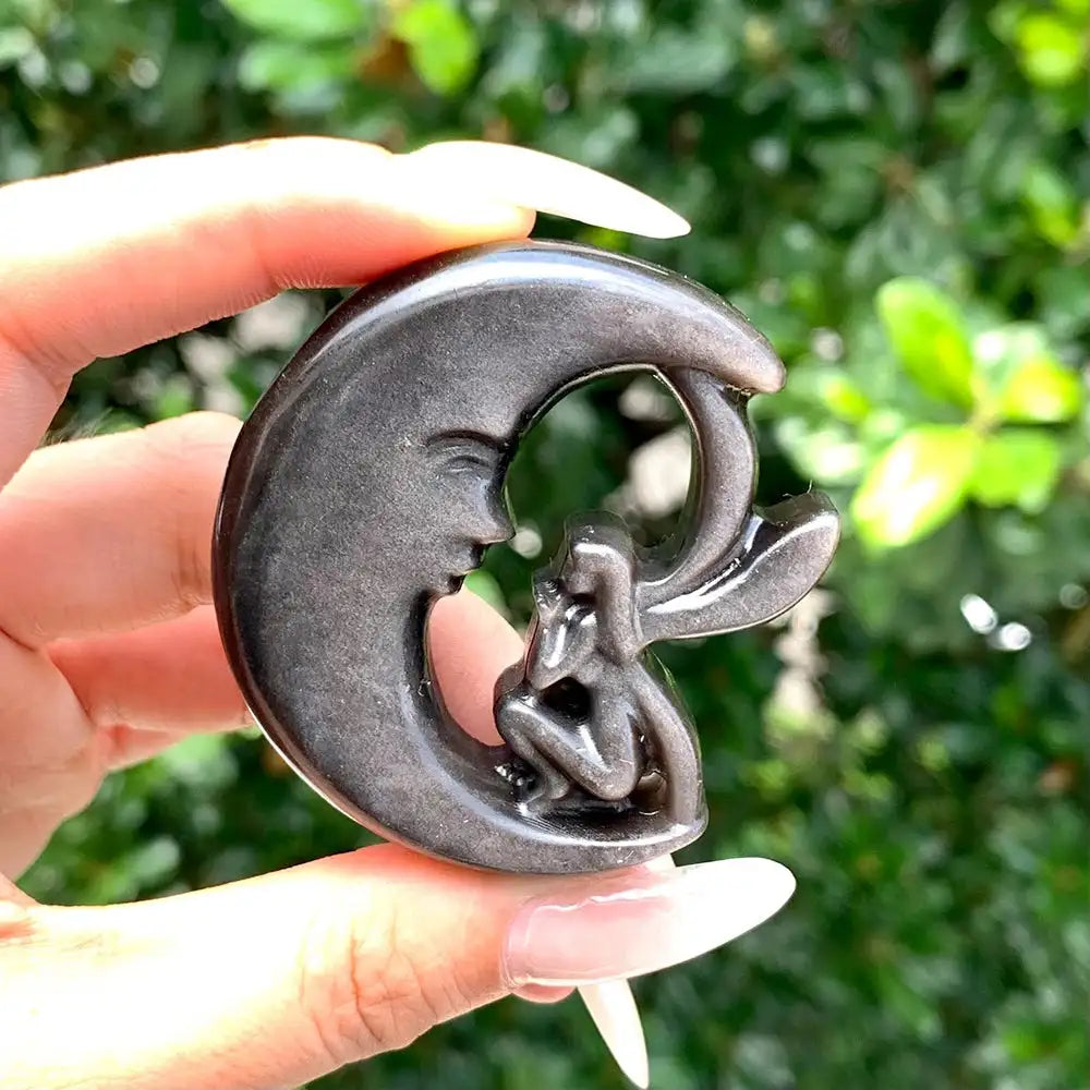 Golden Obsidian Moon & Fairy Crystal Carving-Carvings-Ali-Sliver Obsidian-35mm-Crystal Destiny