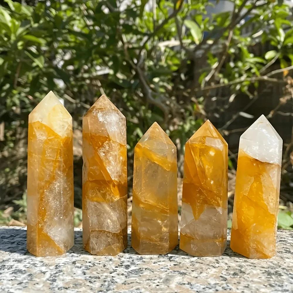Five Golden Quartz Crystal Towers with warm amber inclusions, perfect for solar plexus chakra healing.