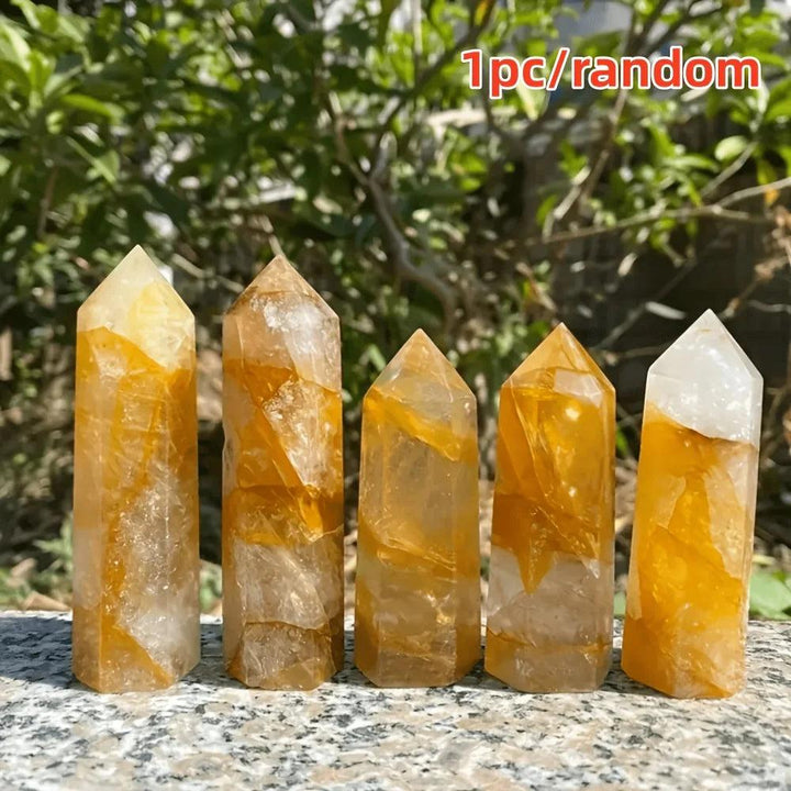 Five Golden Quartz Crystal Towers with warm amber inclusions for solar plexus healing.