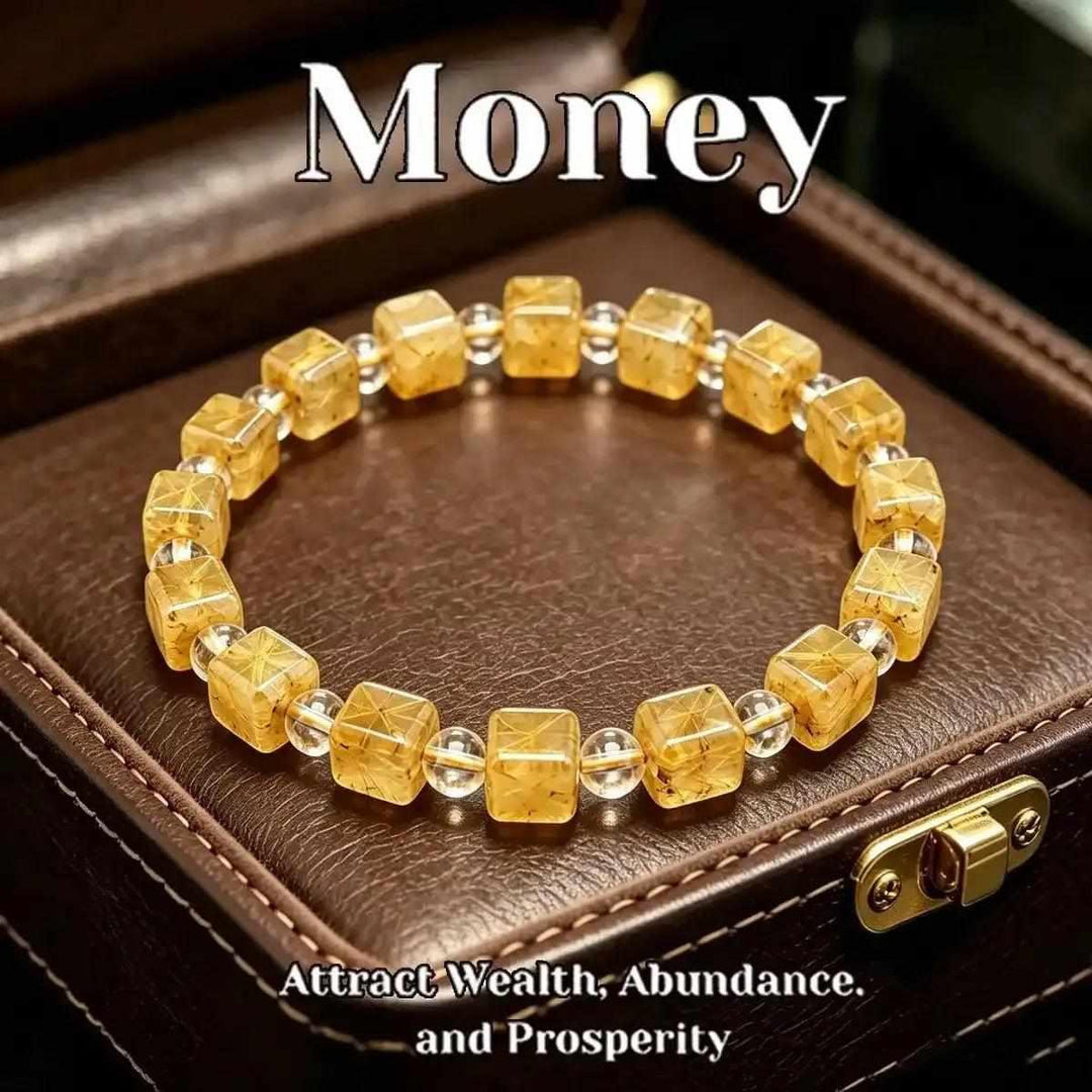 Golden Rutilated Quartz square bead bracelet with clear accents, designed to attract abundance and solar plexus energy.