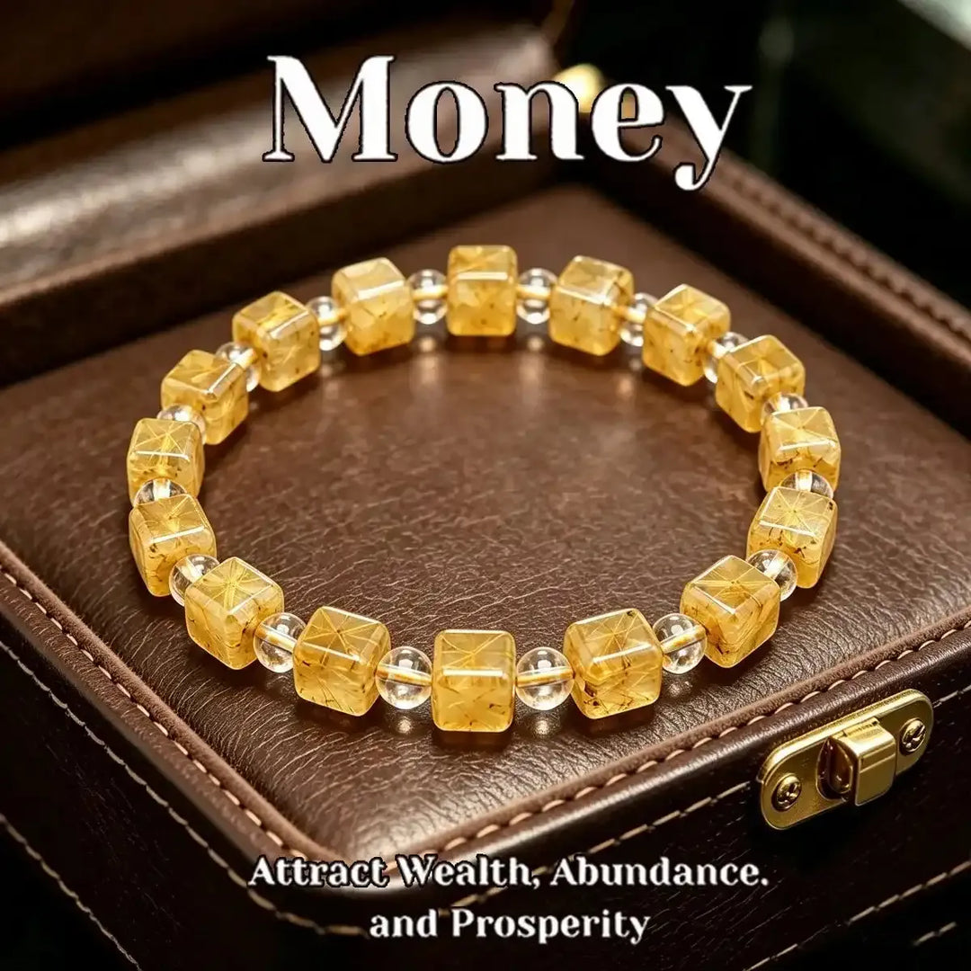 Golden Rutilated Quartz Square Bead Bracelet