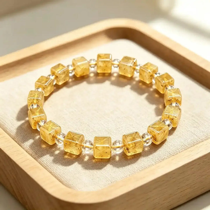 Golden Rutilated Quartz Square Bead Bracelet