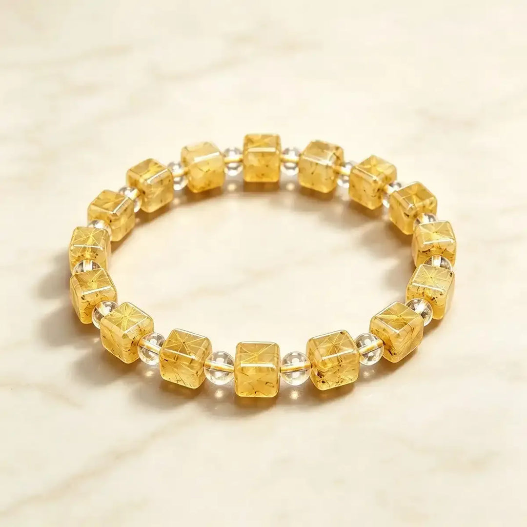 Golden Rutilated Quartz Square Bead Bracelet
