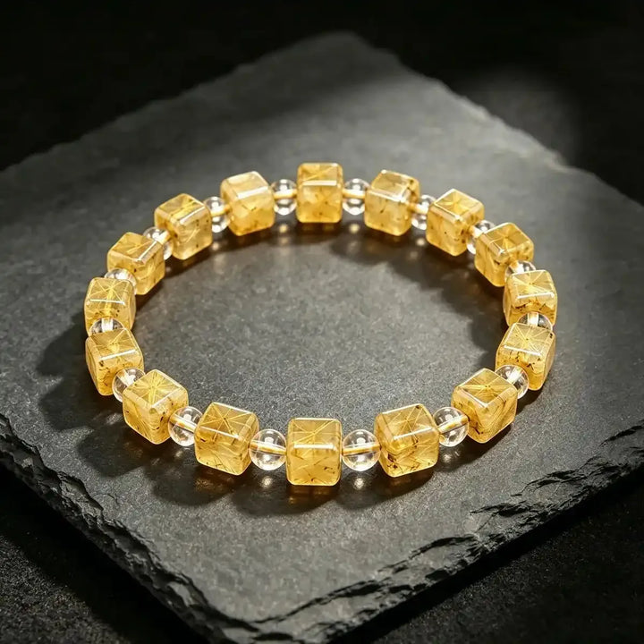 Golden Rutilated Quartz Square Bead Bracelet