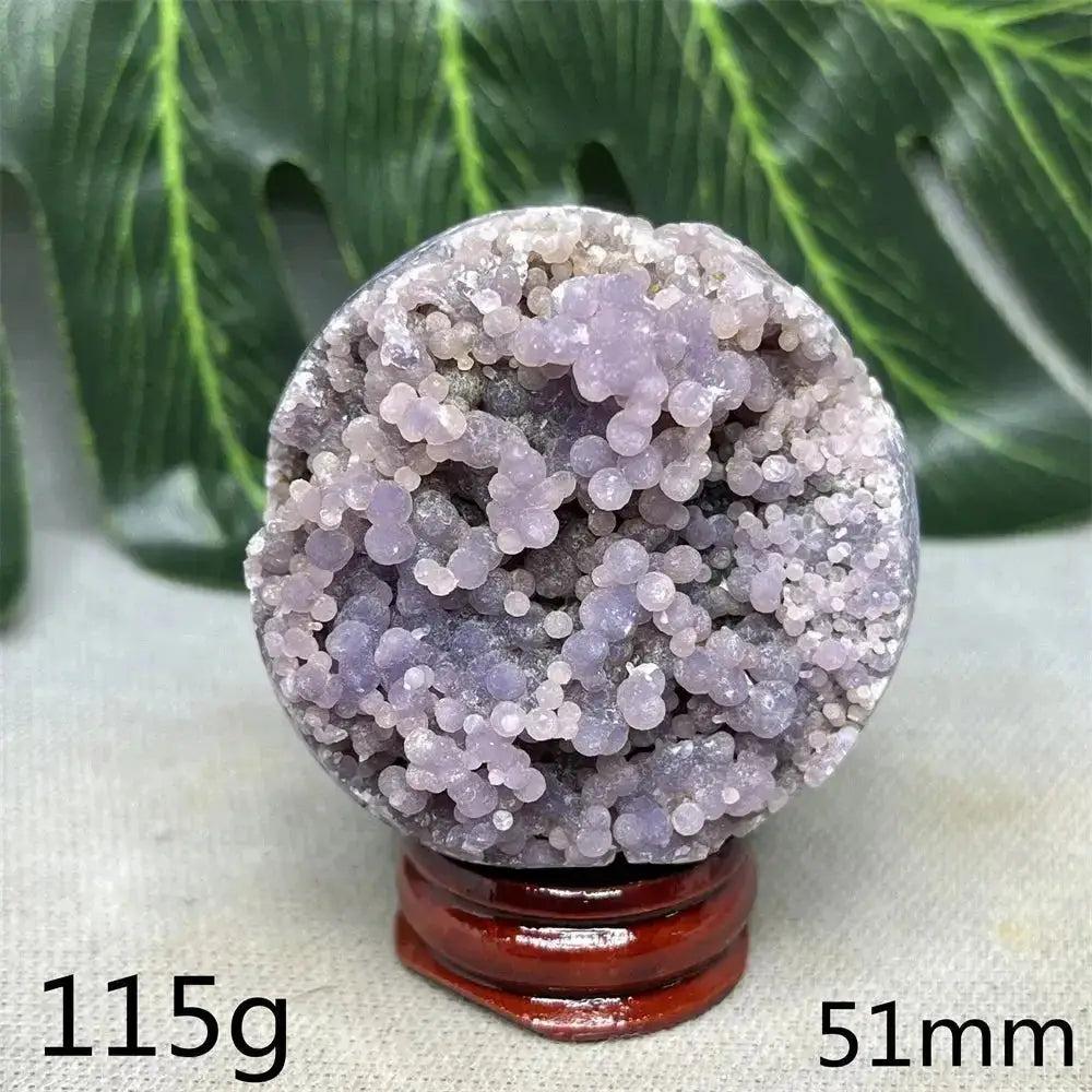 Indonesian Grape Agate Crystal Sphere, 115g, 51mm. Lilac, lavender, and deep purple botryoidal formations. Soothing energy.