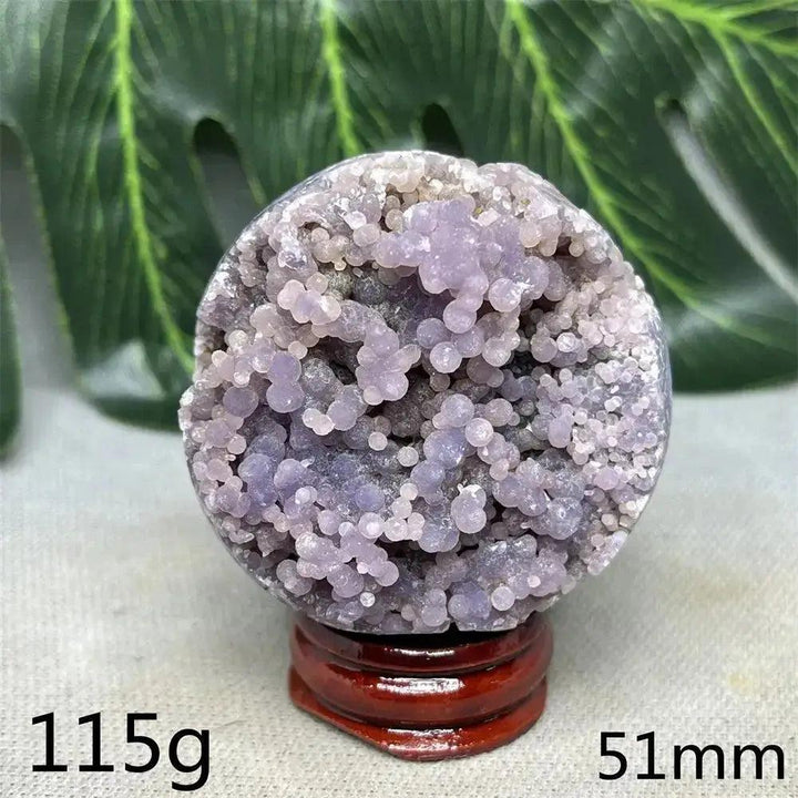Indonesian Grape Agate Crystal Sphere, 115g, 51mm. Lilac, lavender, and deep purple botryoidal formations. Soothing energy.