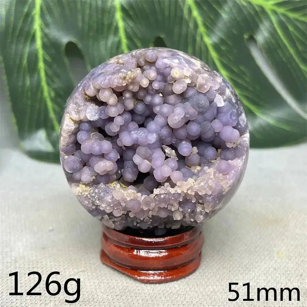 Indonesian Grape Agate Crystal Sphere, 126g, 51mm. Lilac, lavender, and deep purple botryoidal formations for soothing energy.