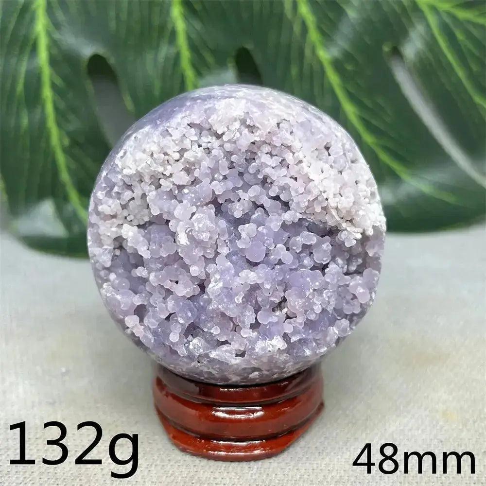 Indonesian Grape Agate Crystal Sphere, 48mm, 132g. Lilac, lavender, and deep purple botryoidal formations for soothing energy.