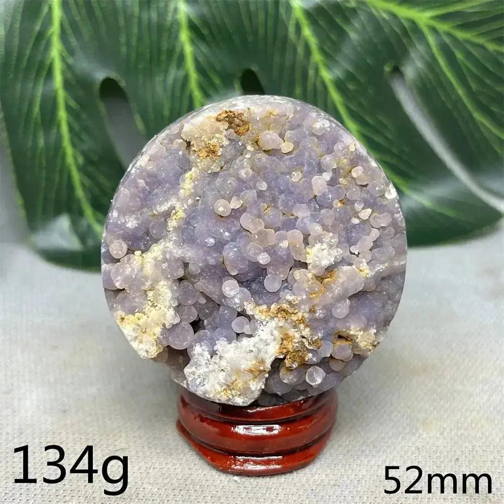 Indonesian Grape Agate Crystal Sphere: Lilac, lavender, deep purple botryoidal formations, polished orb, soothing energy.