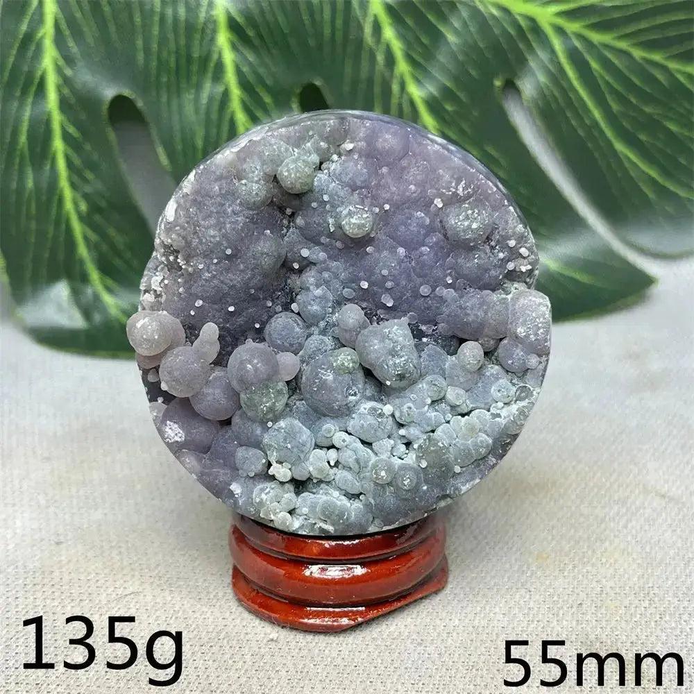 Indonesian Grape Agate Crystal Sphere: Lilac, lavender, deep purple botryoidal formations, 135g, 55mm, on wood stand.