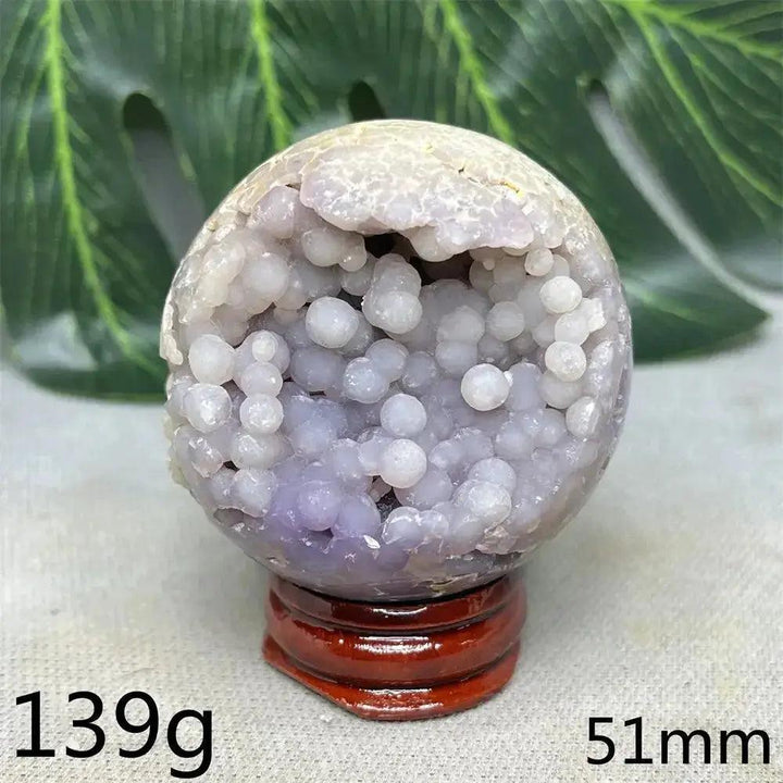 Indonesian Grape Agate Crystal Sphere, 51mm, 139g. Lilac, lavender, deep purple botryoidal formations for soothing energy.