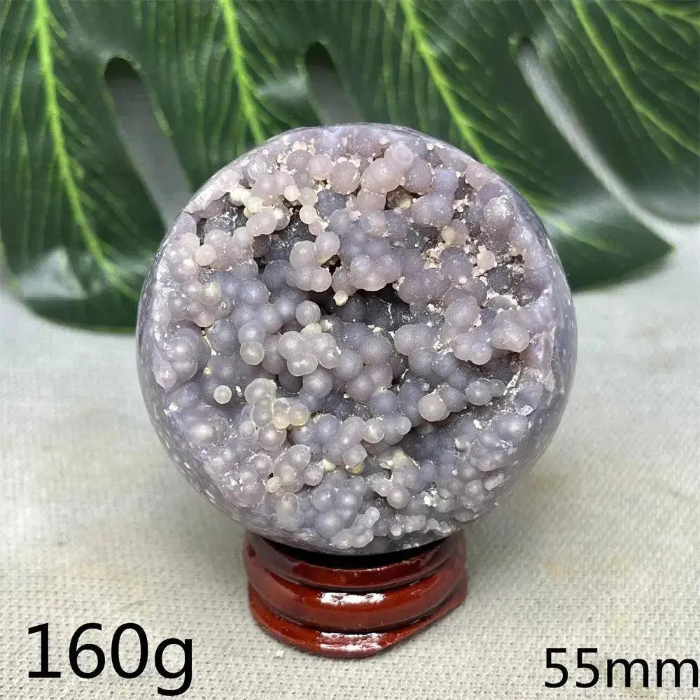 Indonesian Grape Agate Crystal Sphere with rare botryoidal lilac and deep purple nodules, 160g, 55mm. Soothing energy.