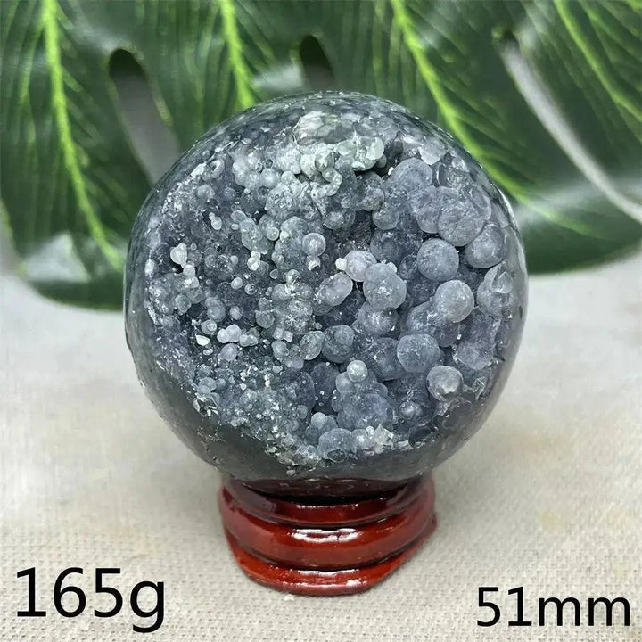 Indonesian Grape Agate Crystal Sphere, 165g, 51mm. Polished sphere with shimmering lilac, lavender, deep purple botryoidal formations.