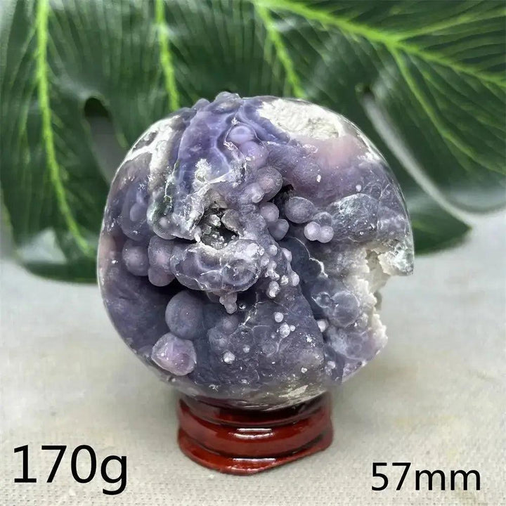 Indonesian Grape Agate Crystal Sphere, 170g, 57mm. Polished orb with rare botryoidal lilac and deep purple formations.