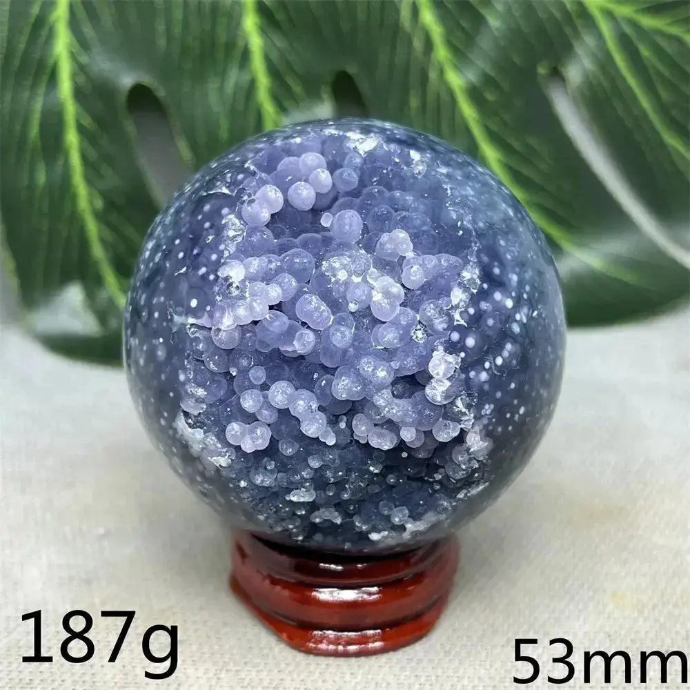 Indonesian Grape Agate Crystal Sphere: Lilac, lavender, deep purple botryoidal formations, smooth orb, soothing energy.