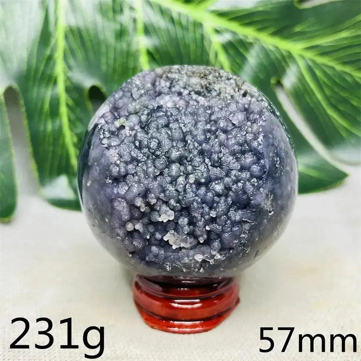 Indonesian Grape Agate Crystal Sphere, 57mm, featuring rare botryoidal lilac and deep purple formations. Soothing energy.