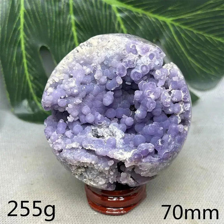 Indonesian Grape Agate Crystal Sphere, 255g, 70mm. Polished orb with shimmering lilac and deep purple botryoidal formations.