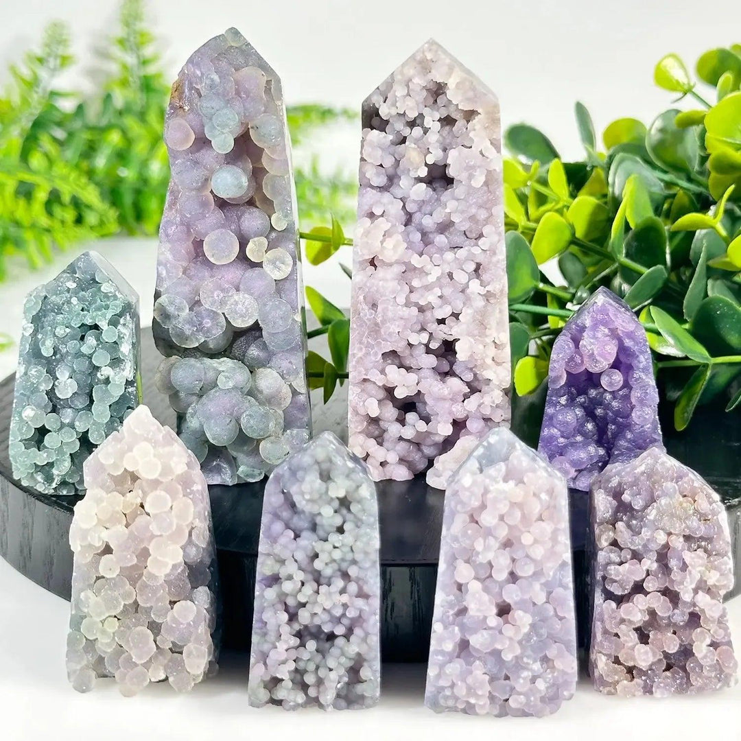 Grape Agate Tower: Luminous deep purple, amethyst, lavender, and violet botryoidal clusters for calm confidence.